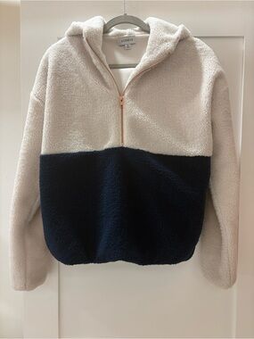 Evereve Reese Sherpa Quarter-Zip Pullover Hooded Fleece Sweatshirt Navy M